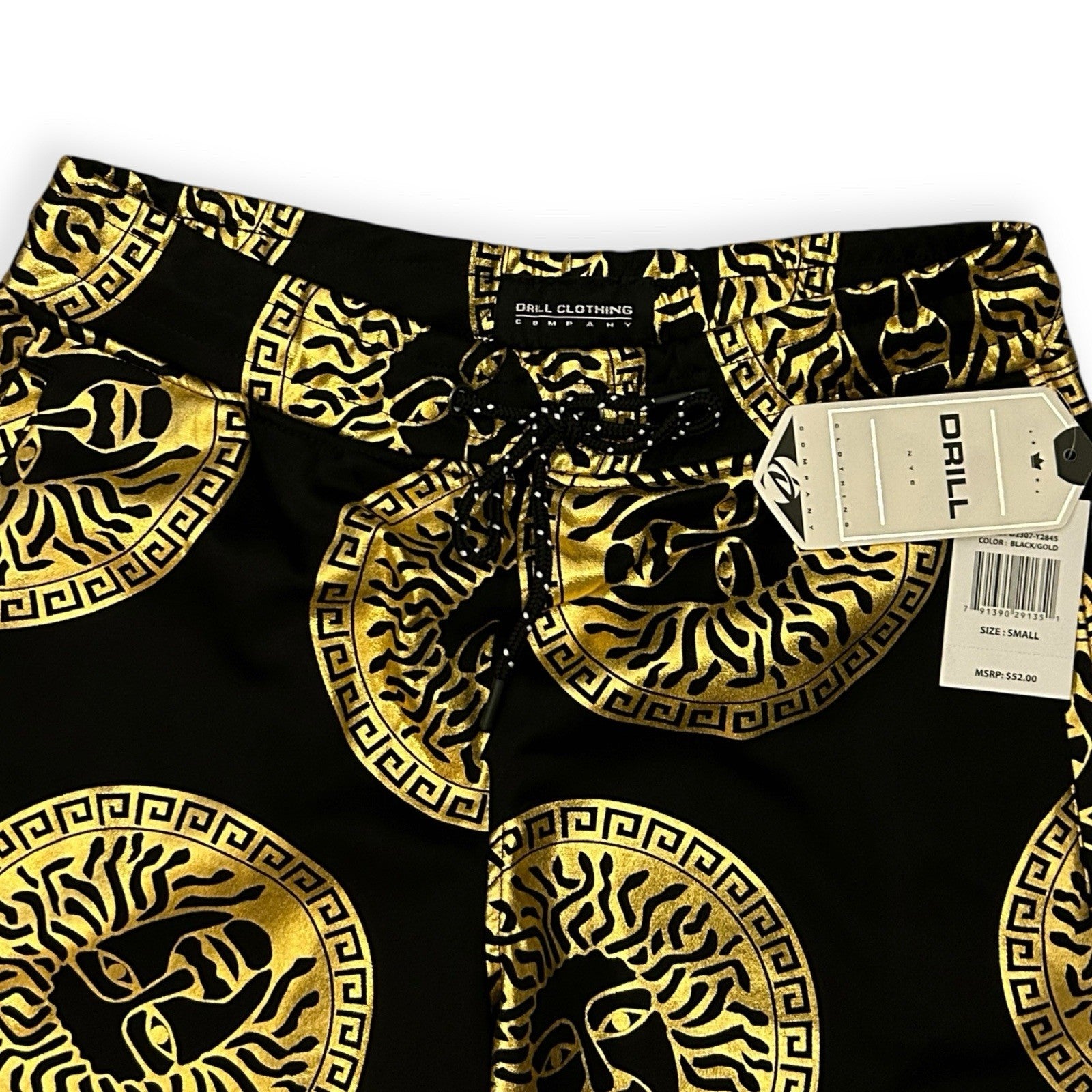 Drill NYC Black & Gold Medusa Print Shorts – Luxury Wear Men’s Size [ S 2