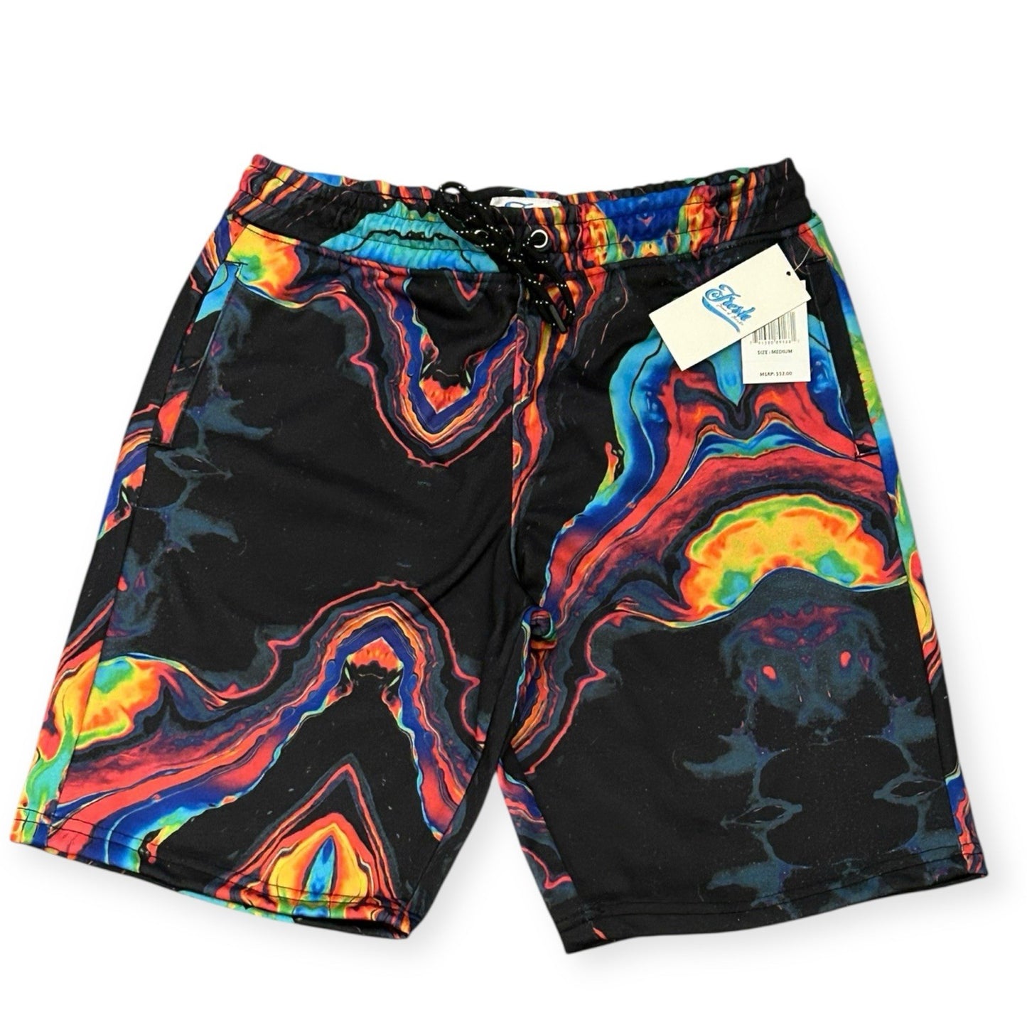  FRESH  Black Neon Psychedelic Print Shorts Men’s Size [ Medium ] Unisex0